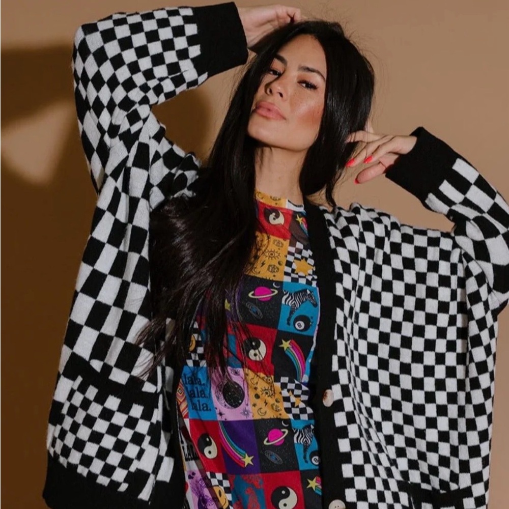 Dressed in LALA Love You Oversized Cardigan in Mixed Checkerboard